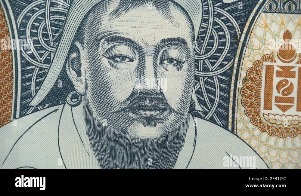 Genghis Khan on Mongolia tugrik banknote rotating. Mongolian currency