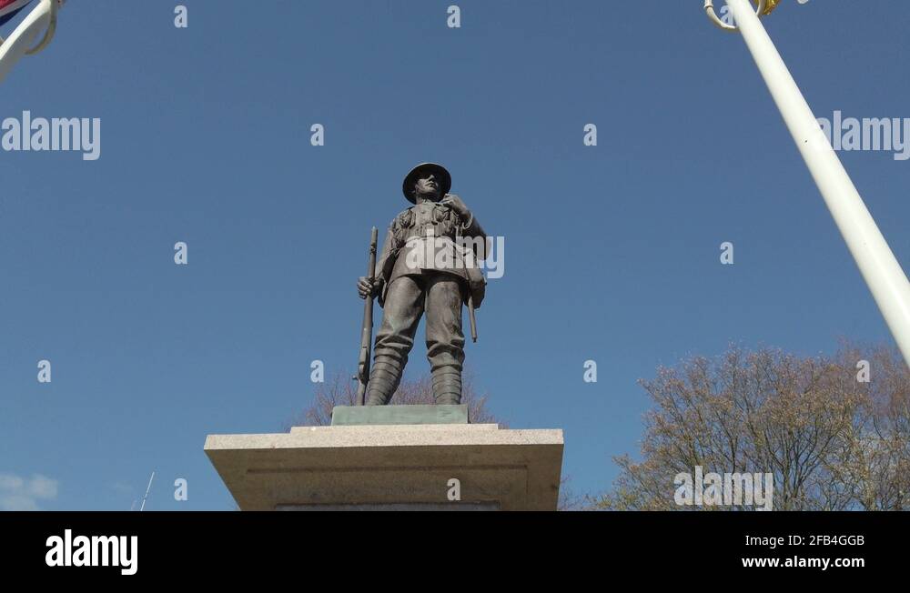 Low angle perspective rotation around Carnforth war memorial. Bronze