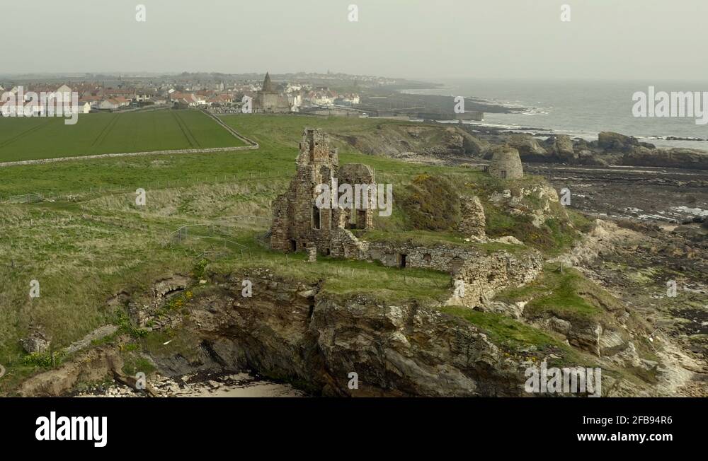 An aerial view of Newark Castle on the Fife coastal path, Scotland