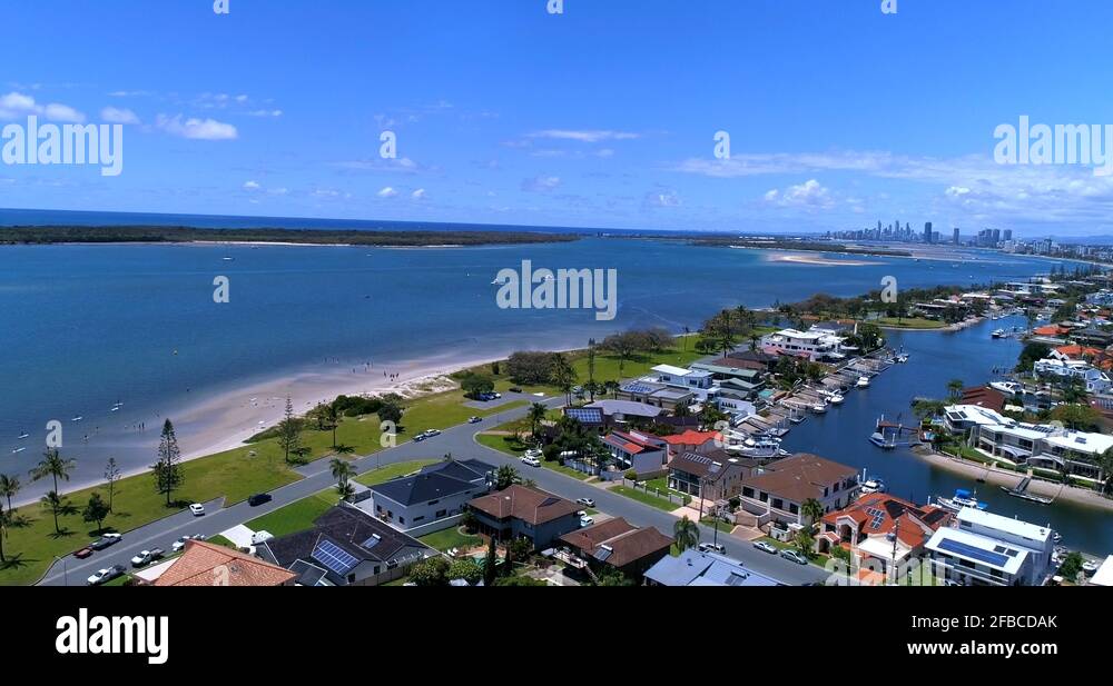 Drone shot of Runaway Bay, Queensland, Australia, with the beach