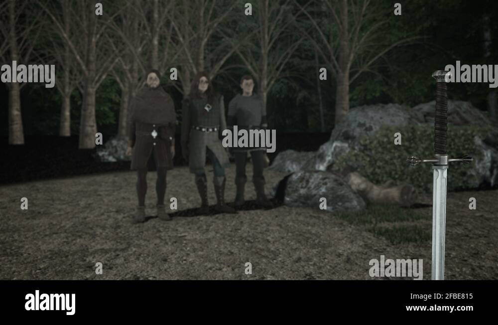 Merlin Ector and King Arthur In Front of Legendary Sword Excalibur ...