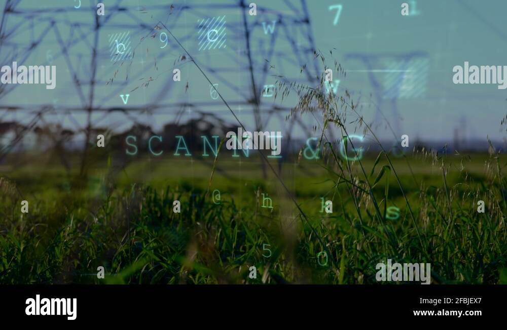 cyber-security-words-and-a-field-with-power-line-towers-stock-video