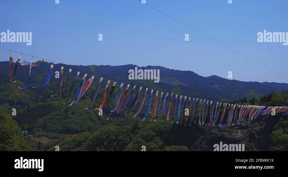Carp streamers at Ryujin big bridge in Ibaraki daytime sunny wide shot
