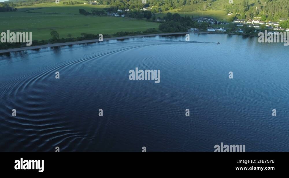 Loch Ness wide aerial of jetski watersports on the famous Lake in the