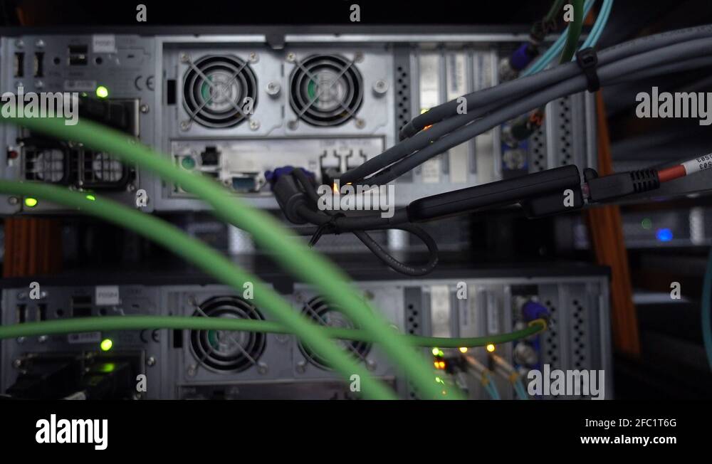 Blinking network switch with connected cables in server room