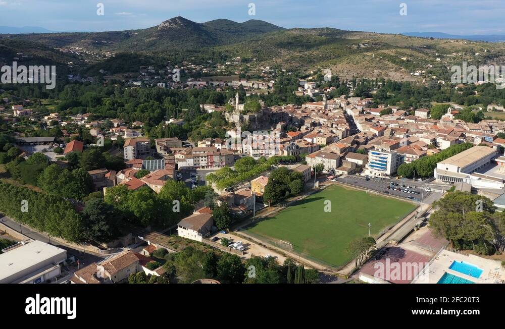 Saint Ambroix Gard France aerial back traveling football stadium