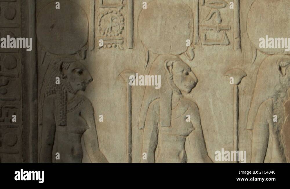 Ancient Egyptian wall carving reliefs at Temple of Kom Ombo, closeup