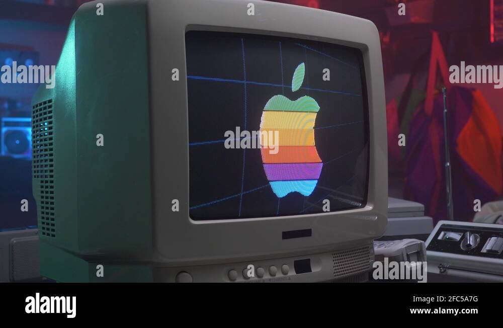 Apple Computer Logo on a Vintage Computer Screen Retro 80s 90s Stock ...