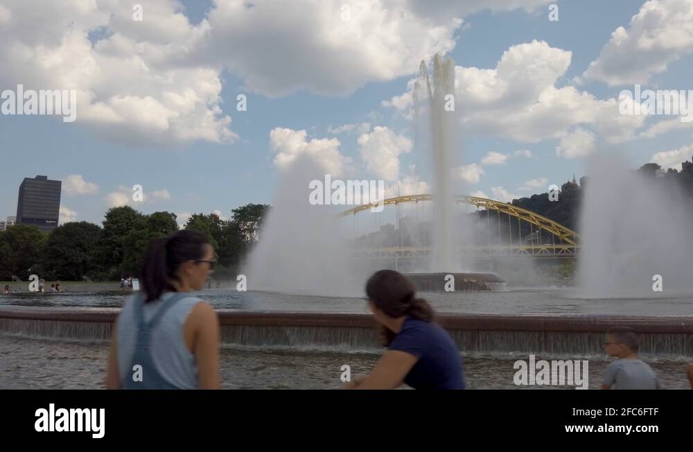 Water fountains at Point State Park in Pittsburgh, PA with the downtown
