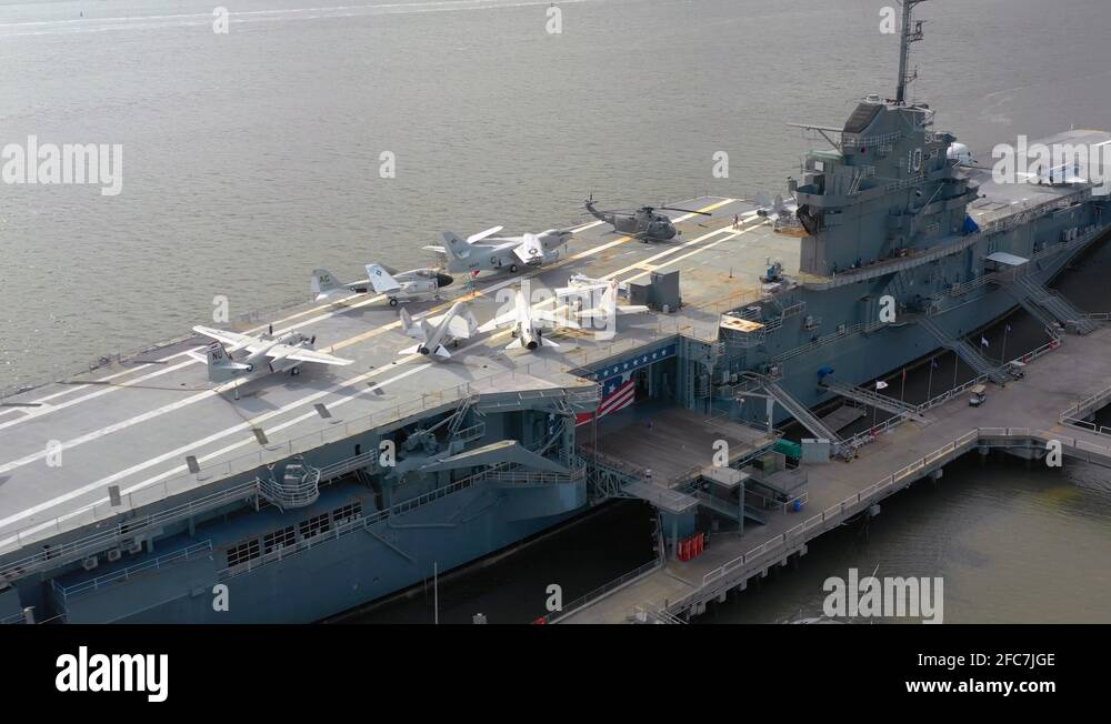 Aerial footage USS Yorktown Mt Pleasant SC USA flyover tour Stock Video