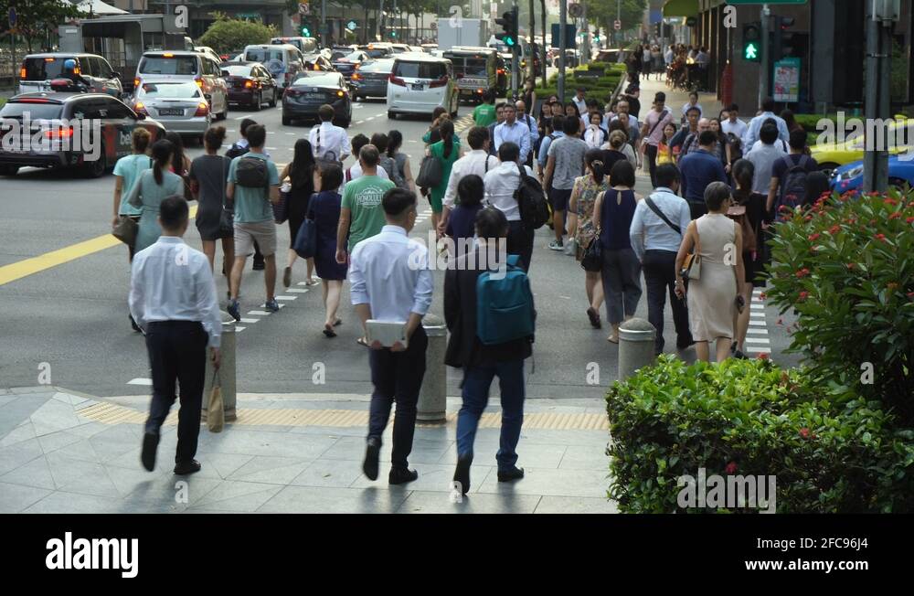Crowds of Pedestrians Crossing Street in Downtown Singapore Stock Video ...
