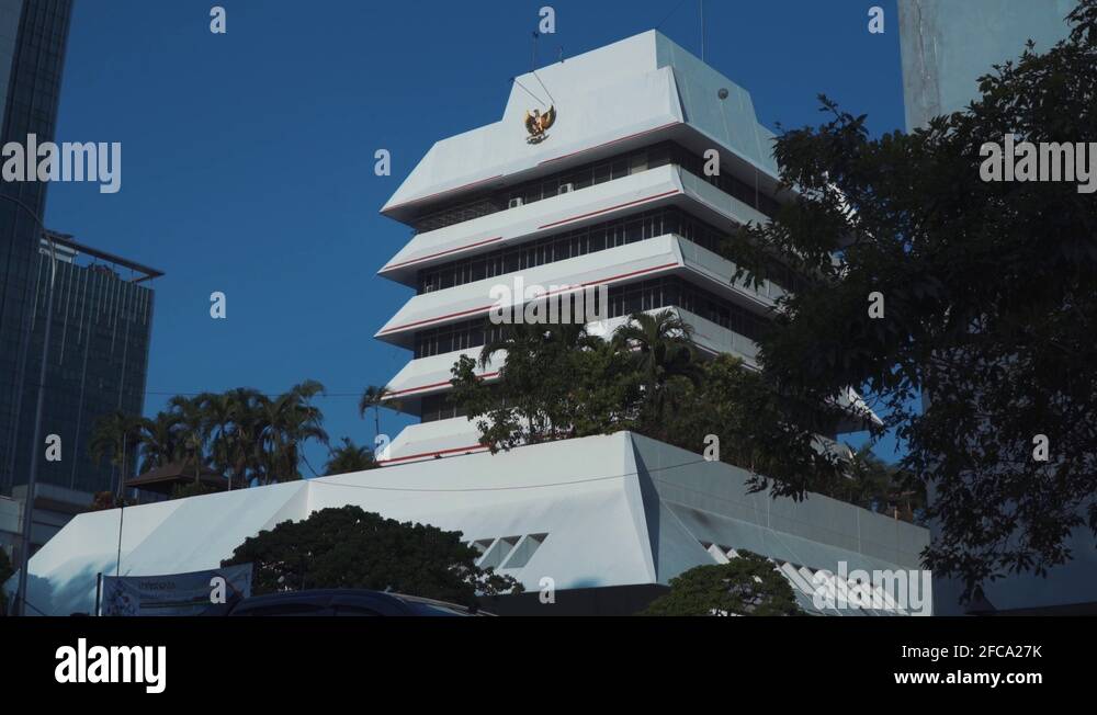 Building of Indonesian Embassy in Malaysia, flags, people and transport