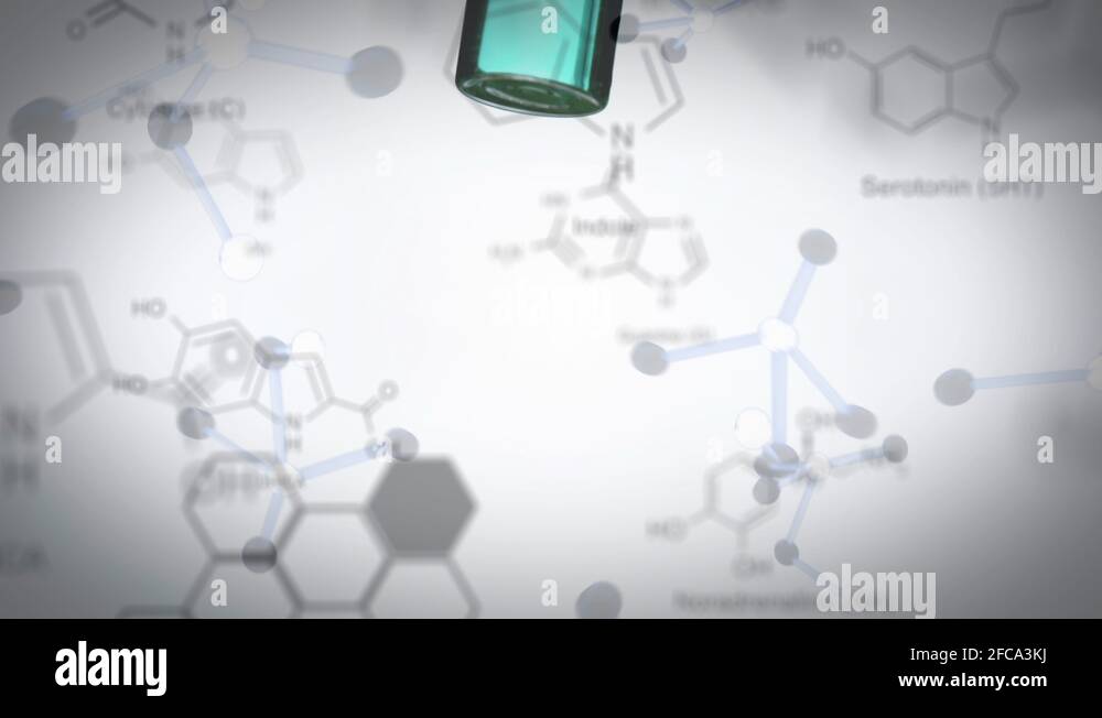 Laboratory beaker falling with data and structural formula of chemical