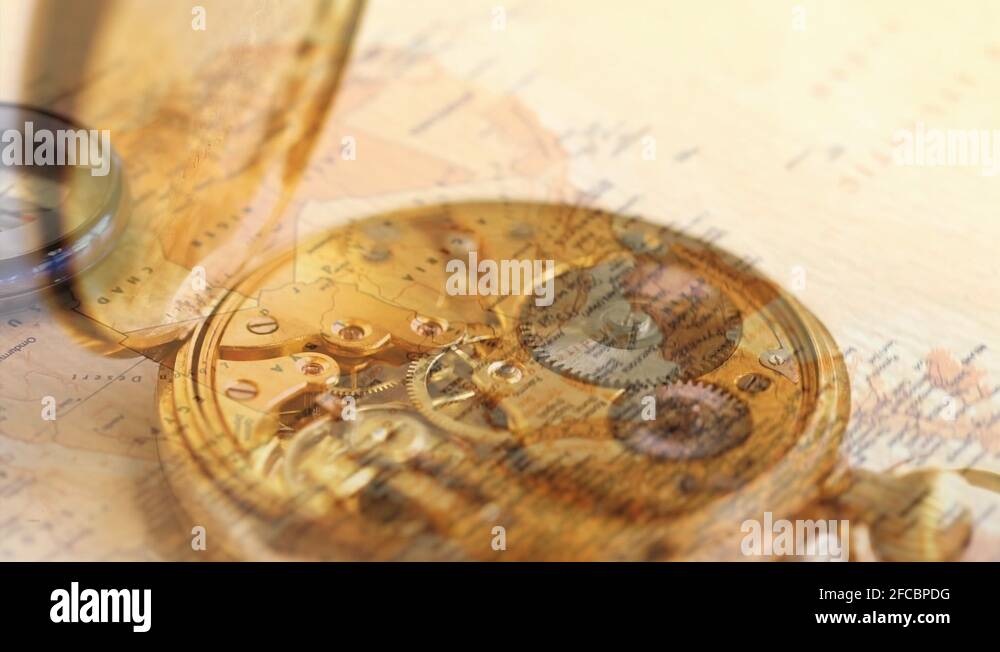 Mechanism of a pocket watch ticking and world map Stock Video Footage