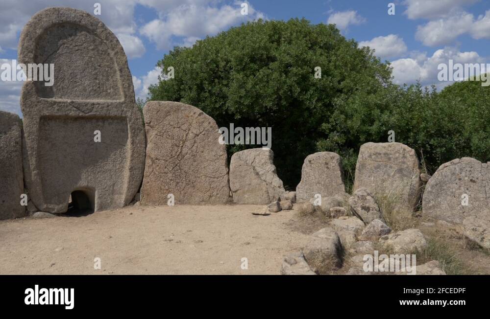 Tilting shot of the Giant Tombs in Sardinia. Tomba dei giganti S’Ena e