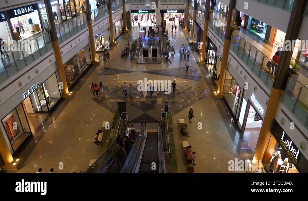 bangalore city famous mall main hall interior escalator panorama 4k india Stock Video Footage