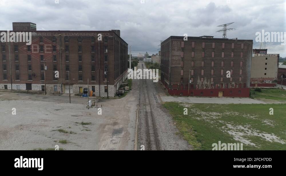 Aerial in between two warehouse in downtown St. Louis by the