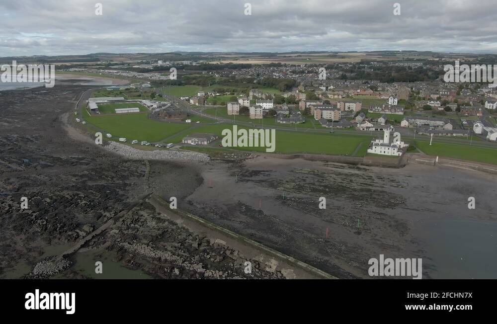 An aerial view of Arbroath Inchcape Park, football club and town. Right