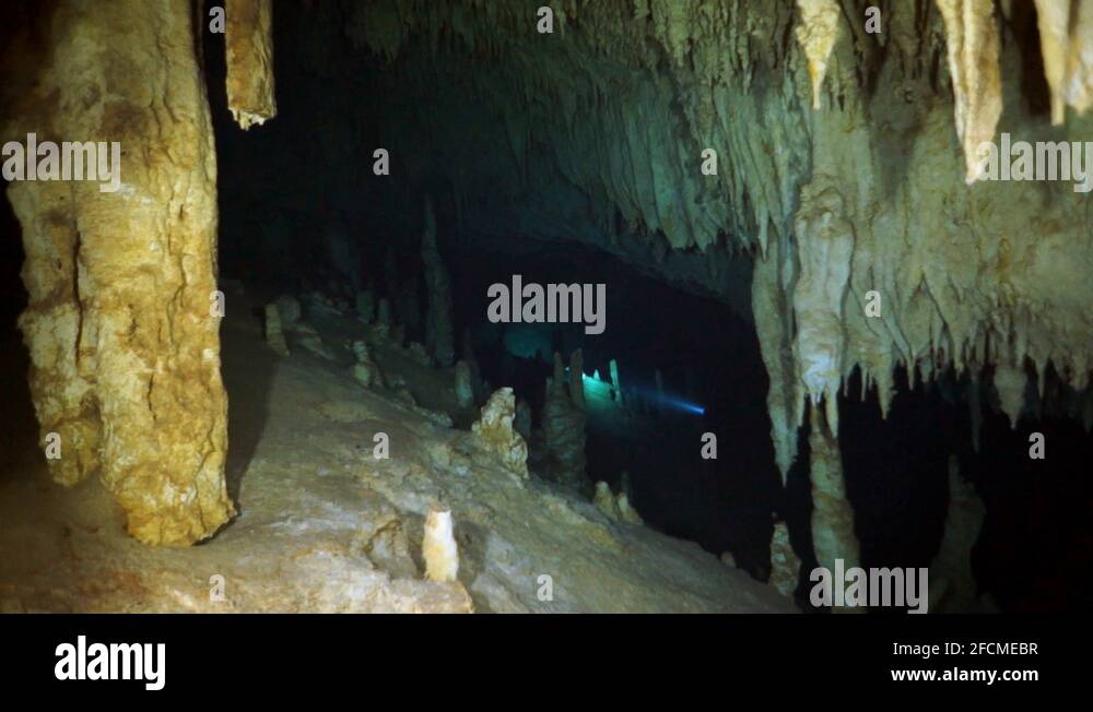 Cave diving in underwater caves of Yucatan Mexico cenotes Stock Video