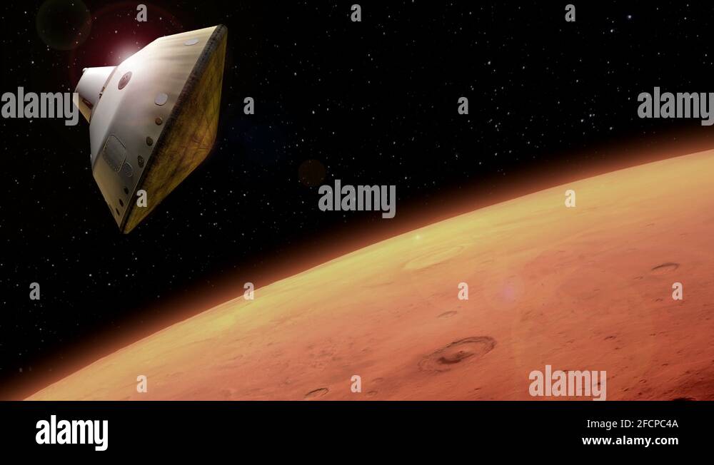Mars Rover landing craft enters atmosphere above Mars as heatshield