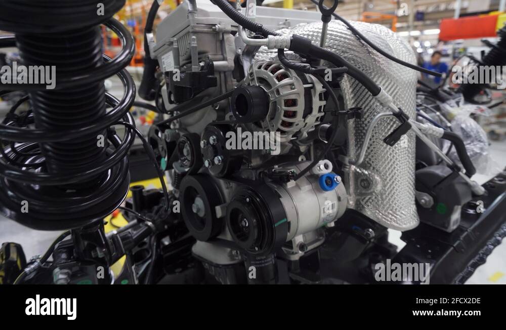 Automobile plant, view of power units and engines for a new car Stock