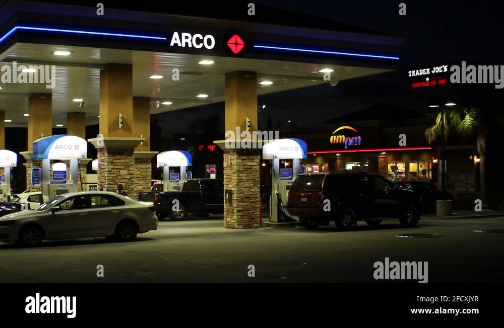 Arco Gas Station and AMPM Convenience Store Wide Establishing Shot