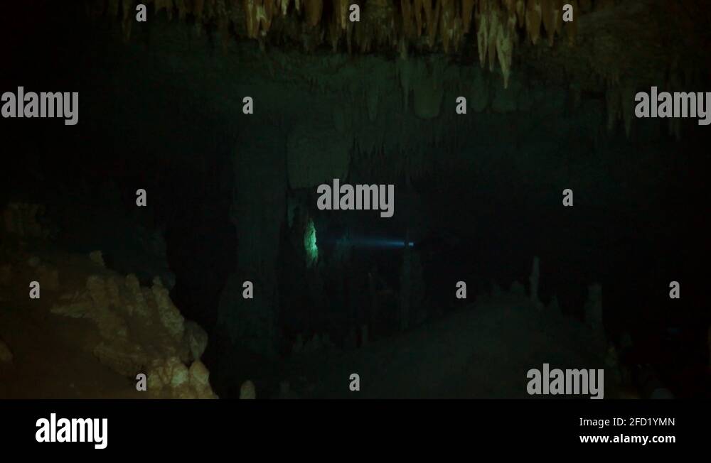 Cave diving in underwater caves of Yucatan Mexico cenotes Stock Video