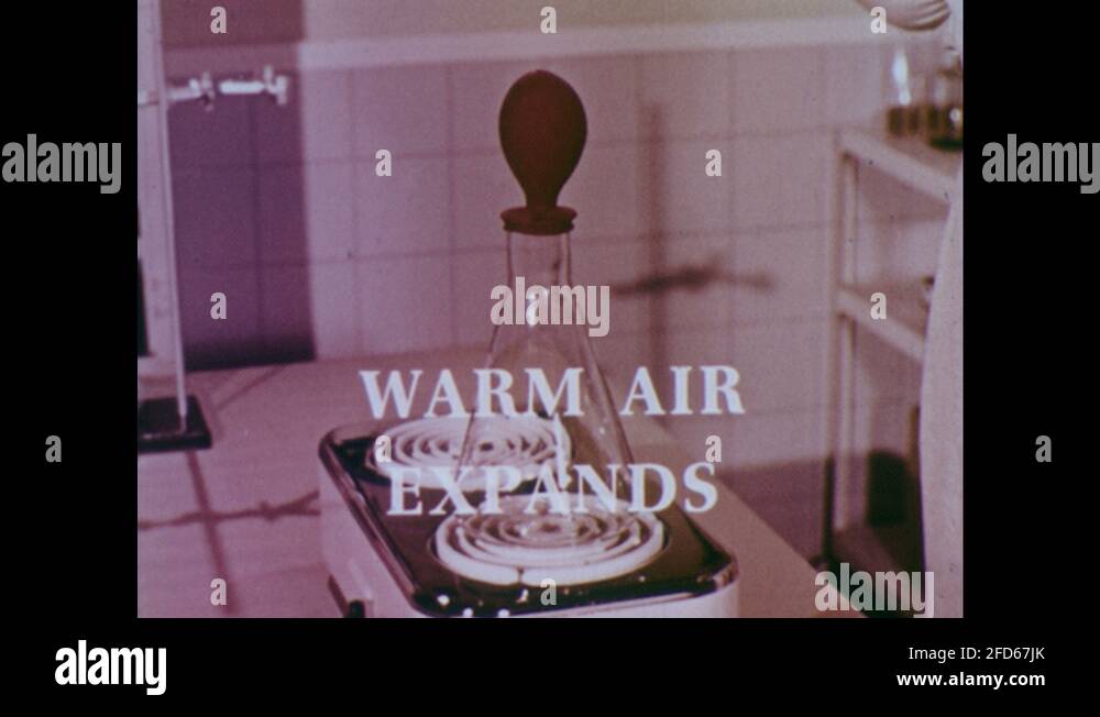 1960s UNITED STATES warm air expands title. Glass beaker on hot plate