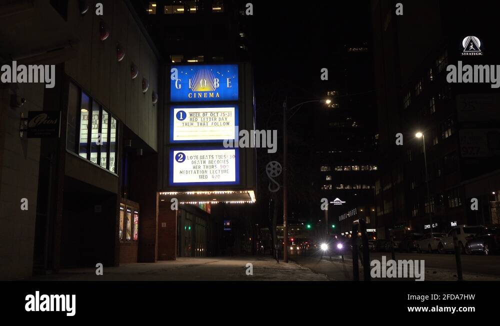 Globe Cinema movie theater downtown at night Calgary 4k Stock Video