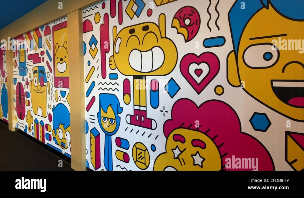 Cartoon Network Wall Mural Of Charatures, PAN RIGHT Stock Video Footage