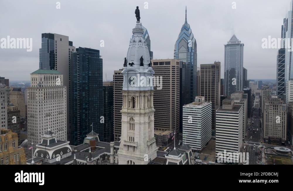 Philadelphia City Hall and skyline, aerial hyper lapse of downtown area ...