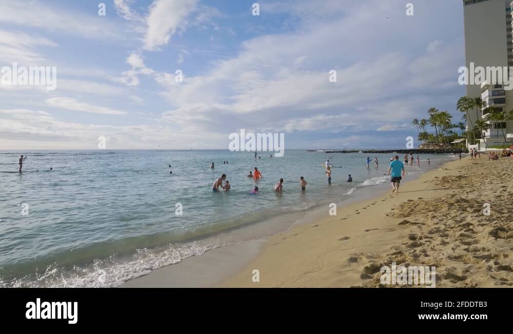 Ala Moana and Waikiki Beach, Hawaii People Enjoying and Relaxing On The Stock Video Footage