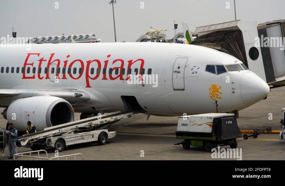 Ethiopian Airlines airplane, baggage loading ramp, Addis Ababa airport