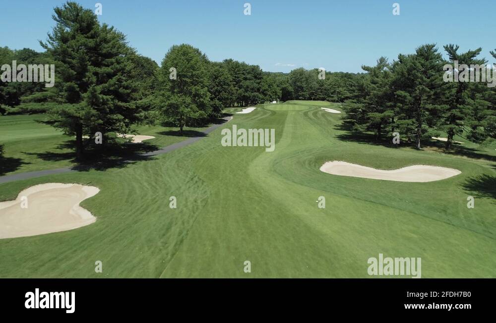 Aerial fly over fairway and sand traps hole 15 River Vale Golf Course