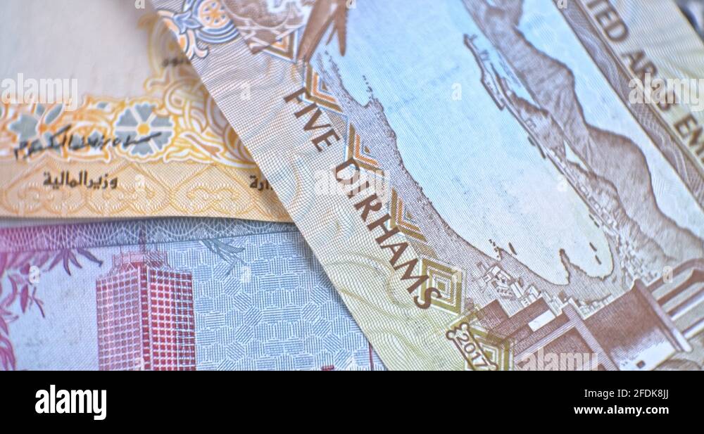 United Arab Emirates five dirham banknote, UAE Emirati money closeup ...