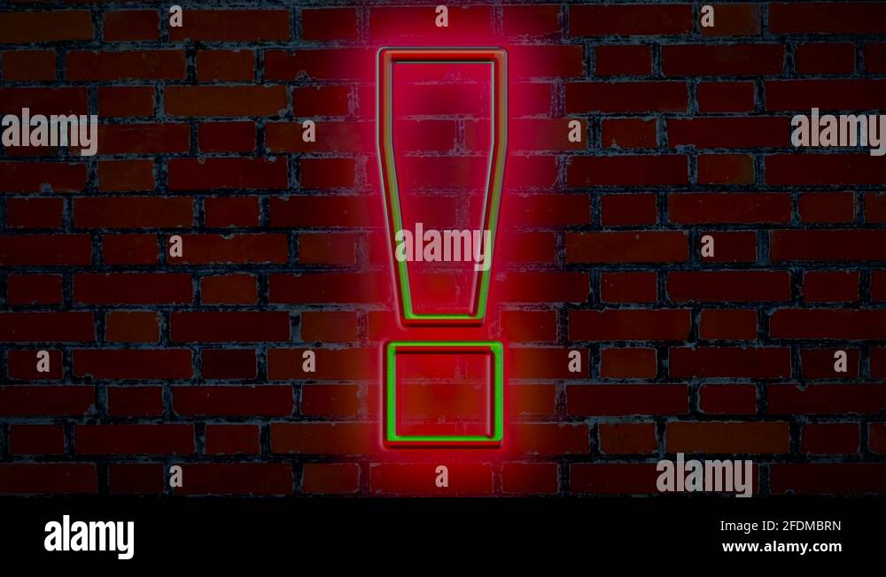 Neon blinking exclamation mark sign in front of computer animated brick