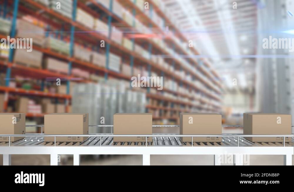 Animation of stacked up cardboard boxes moving on conveyor with stacked