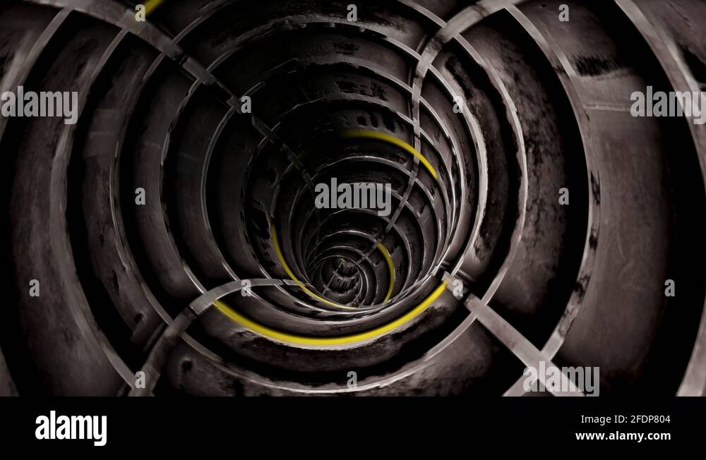 Flying through a bending grey concrete bulkhead tunnel with yellow ...