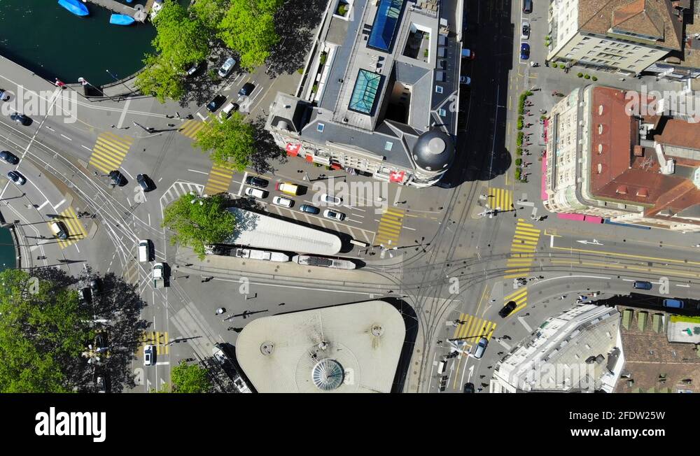 Zuerich Switzerland Drone Aerial Top View of Bellevue Tram Station with ...