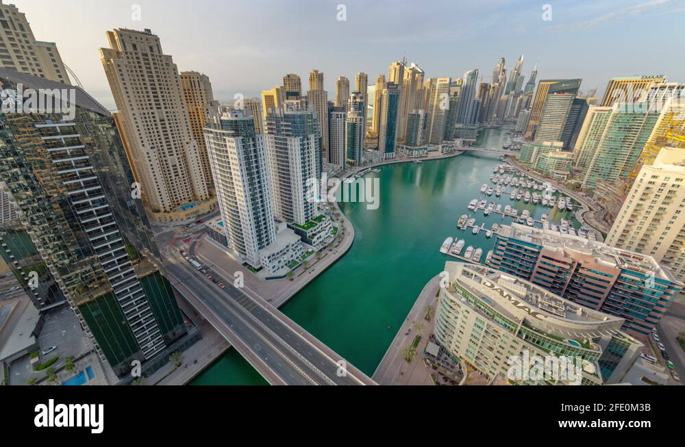 sunrise dubai city marina bay canal rooftop timelapse 4k united arab