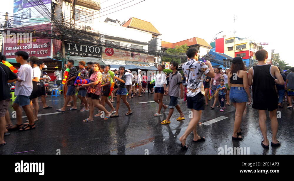 Songkran Festival Bangkok, people walking and celebrating the water ...