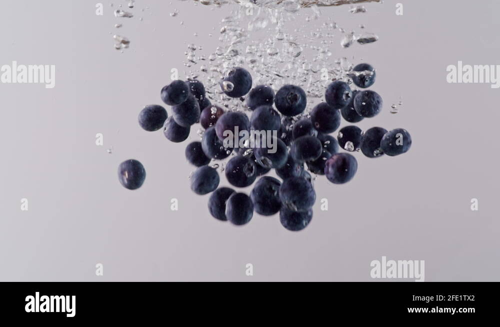Blueberrys falling into water with white background (sink fast Stock