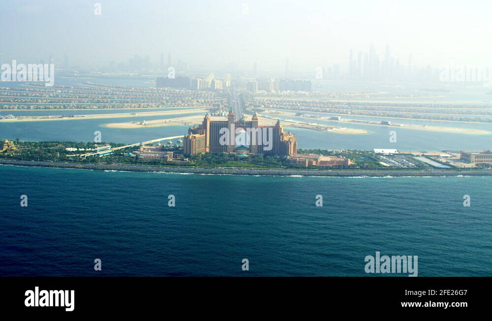 Dubai The Palm Island Atlantis Hotel aerial view along the Palm island