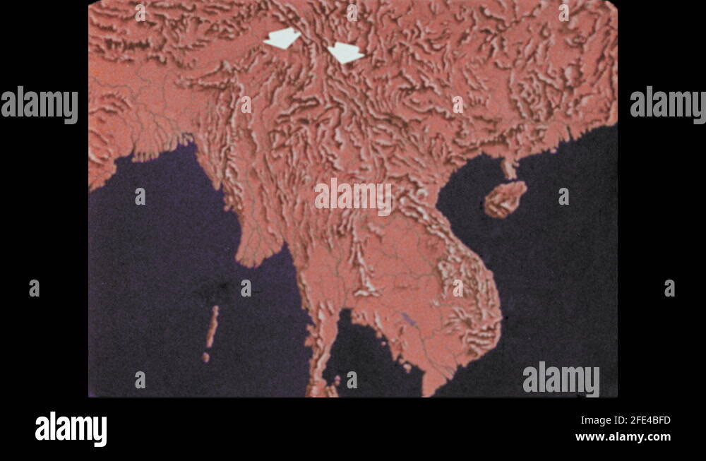 1970s: Map of southeast Asia. Arrows point to different sections on map