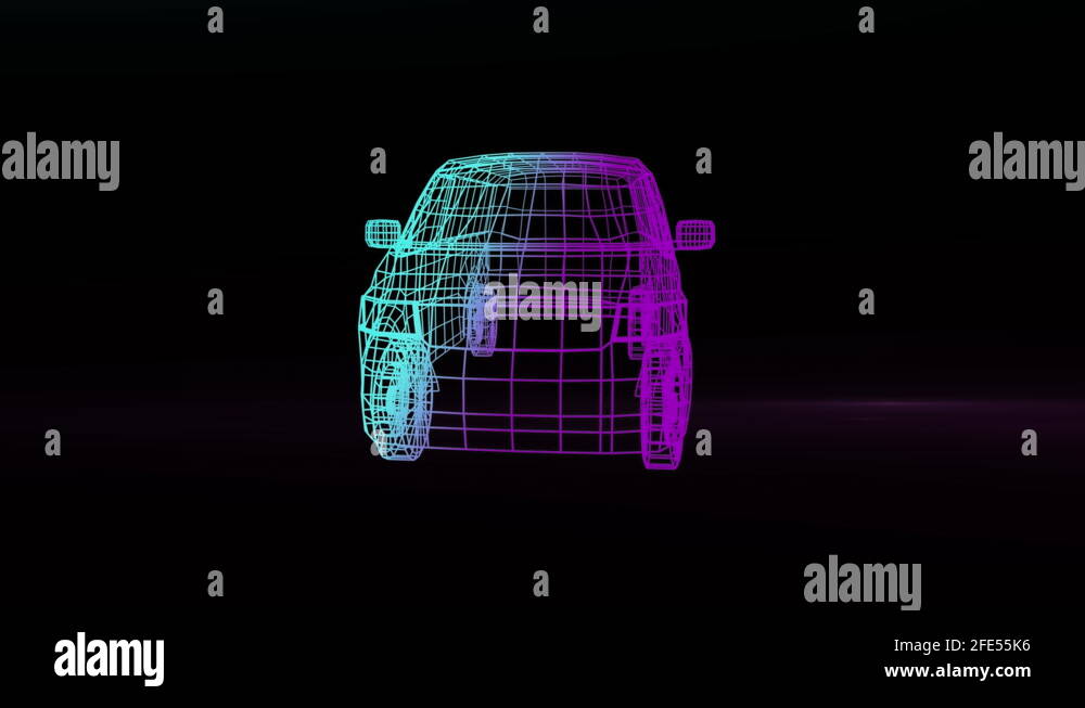 Animation of a 3D model of car spinning with pink glowing light trails ...