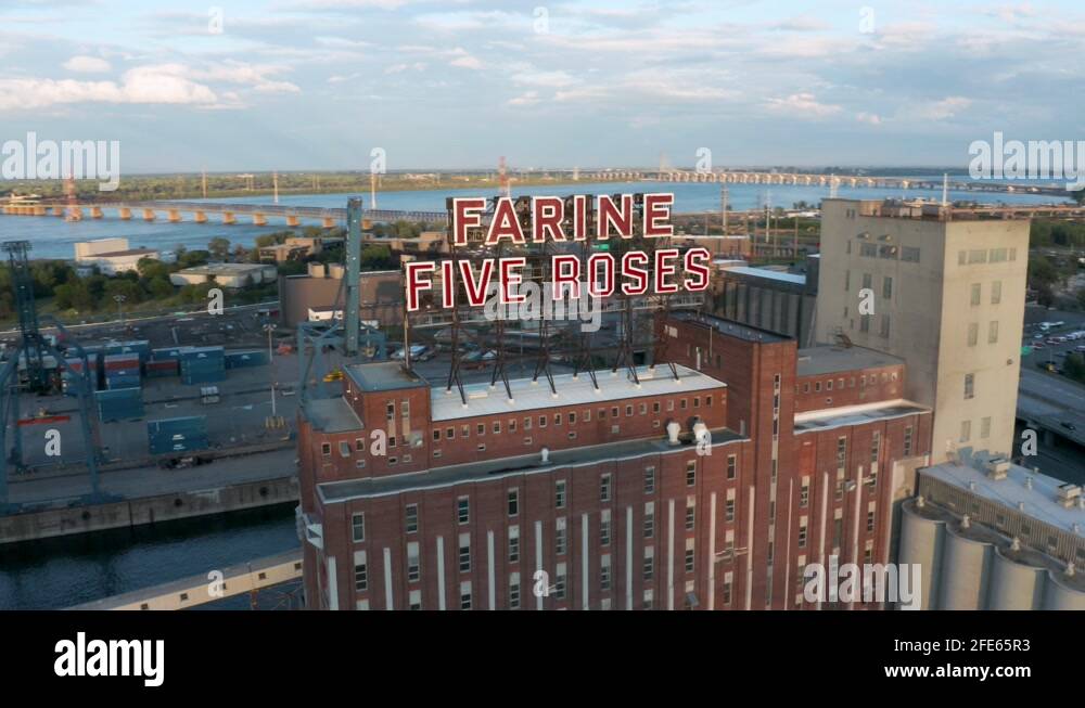 Five Roses Building An aerial image from a drone circling around the famous Farine Five ...