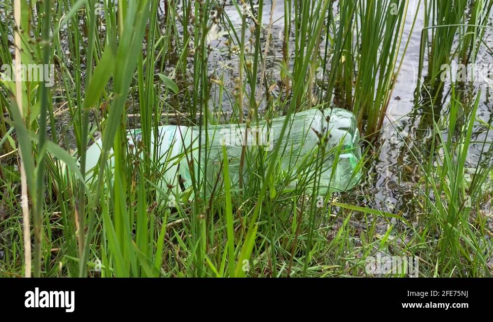 plastic bottle floats in water, 4k video, closeup of water pollution