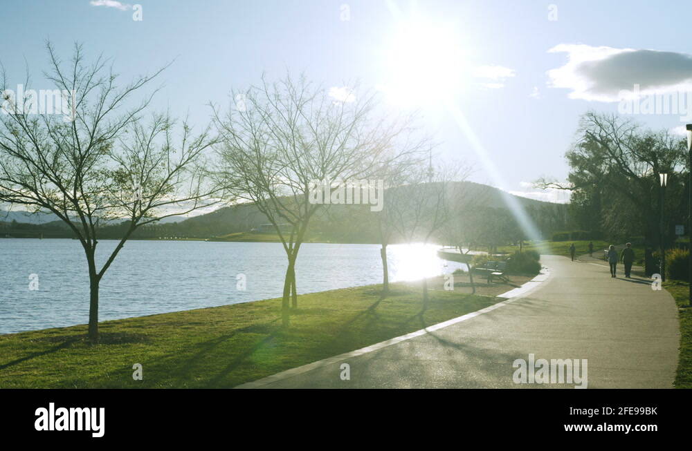 Static view of Lake Burley Griffin and Telstra Tower, with walkers