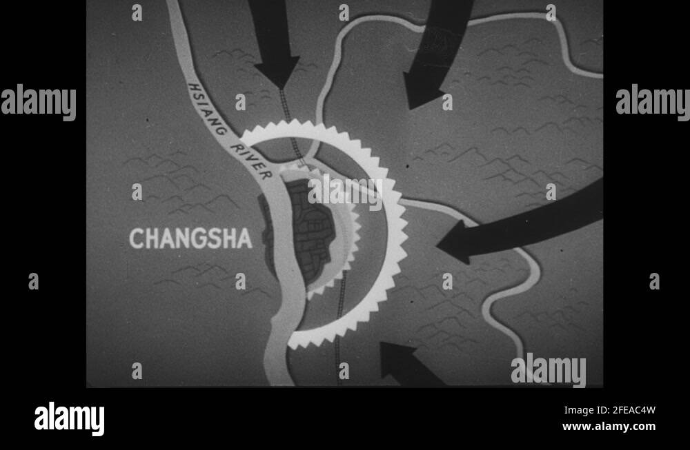 1940s Map illustrates Japanese invasion of Changsha. Map illustrates