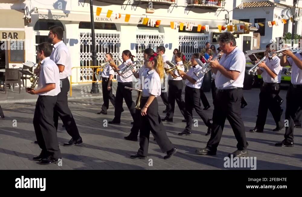 Marching band playing at the Mijas feria in Spain Stock Video Footage